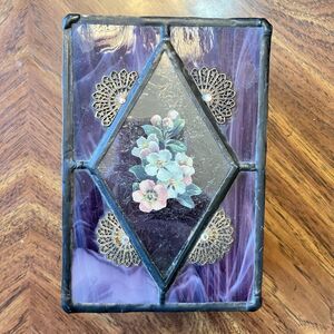 Purple Stained Glass Trinket Box Floral Vintage Jewelry Keepsake Footed
